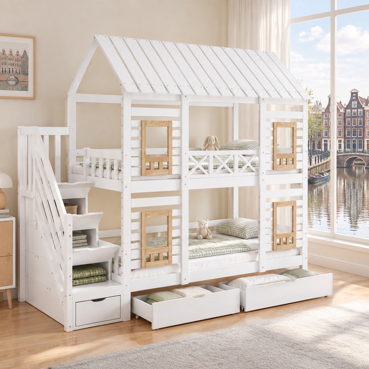 WUVRIE Stapelbed 90x200 cm met trap, 4 opbergvakken en 2 lades, wit/naturel