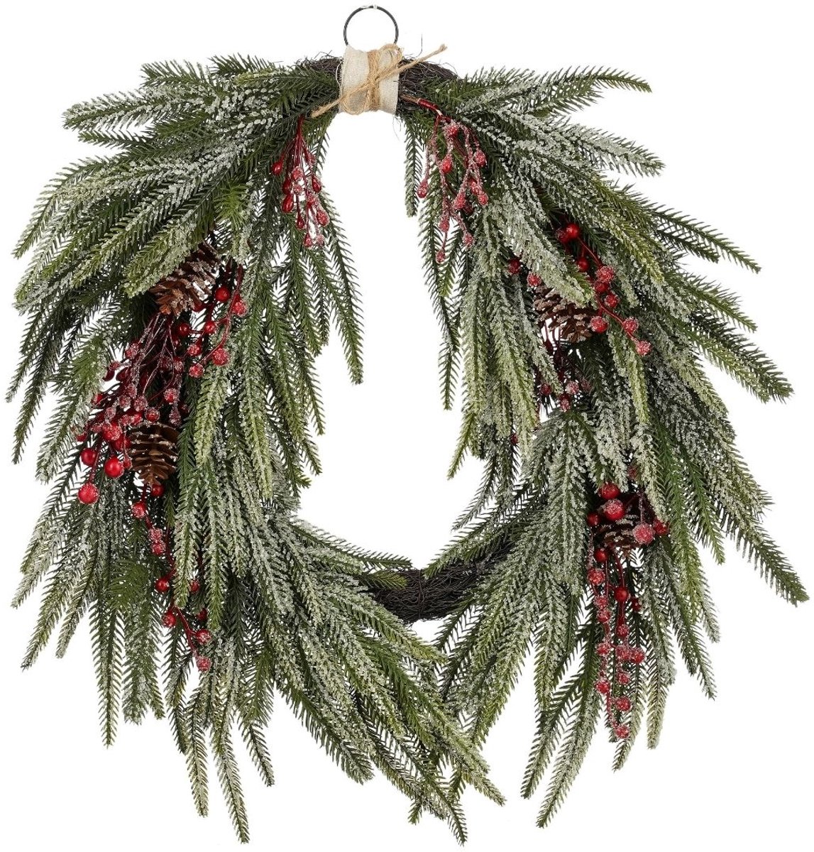 Mica Decorations Krans Dennenappel Groen - Kerstkrans met Rode Bessen en Dennenappels - Decoratieve Deurkrans voor Kerst - Gemaakt van Stevig Polyethyleen - 61 x 50 x 13 cm