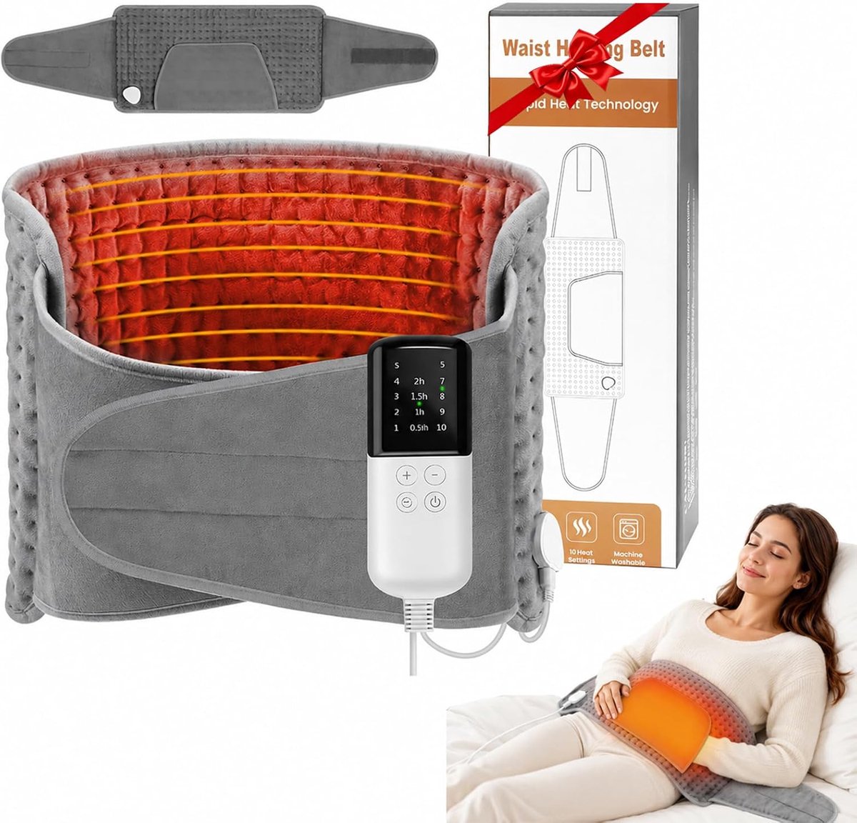 Warmtekussen met automatische uitschakeling, elektrisch kussen (125 x 30 cm) voor gebruik op rug, buik, taille en handen; 4 tijdsinstellingen en 10 temperatuurniveaus,