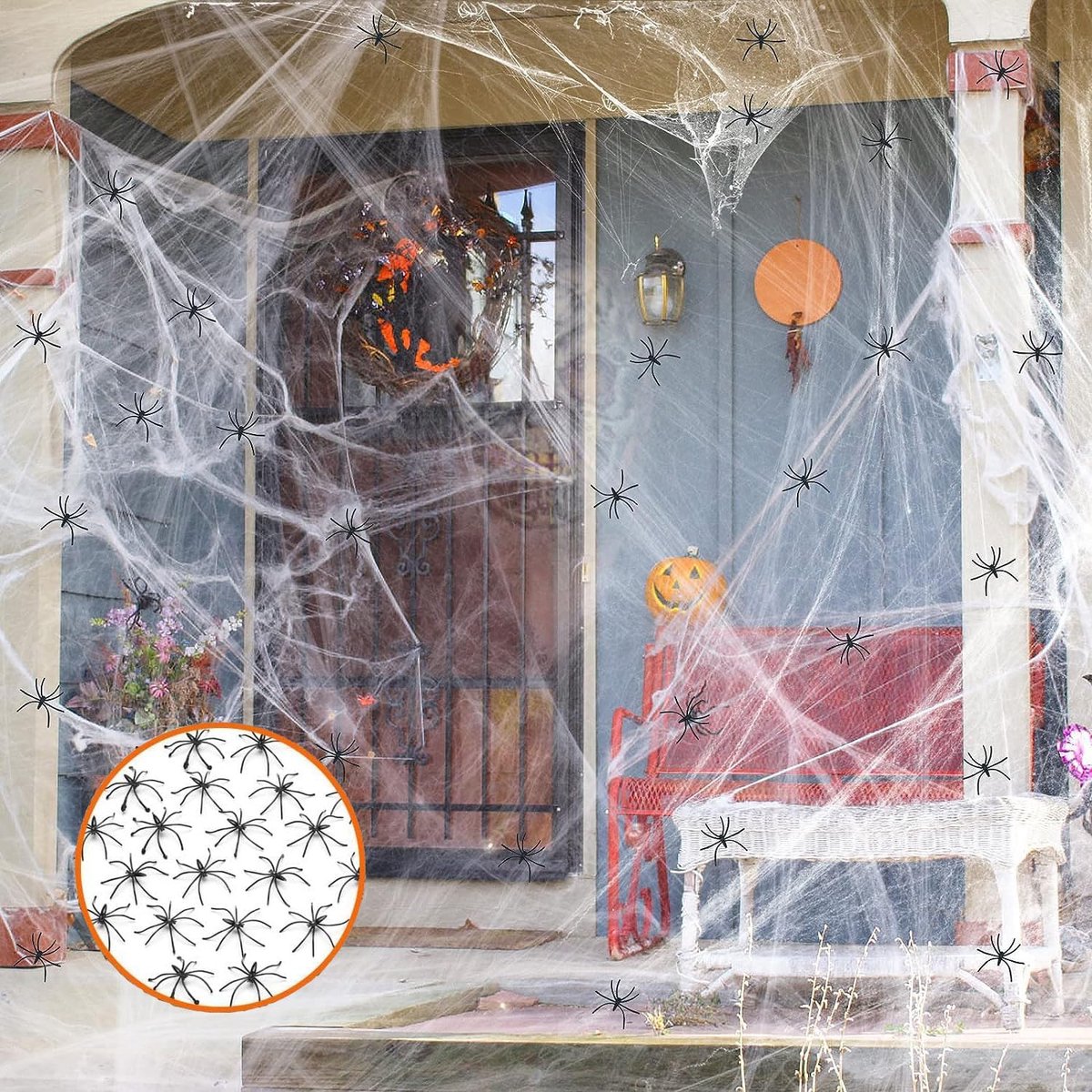 200 g witte spinnenwebdecoratie met 40 valse spinnen, rekbare spinnenwebben, Halloween spinnenweb, griezeldecoratie voor tuin, voor Halloweenfeest, decoratie van tafel, huis en tuin