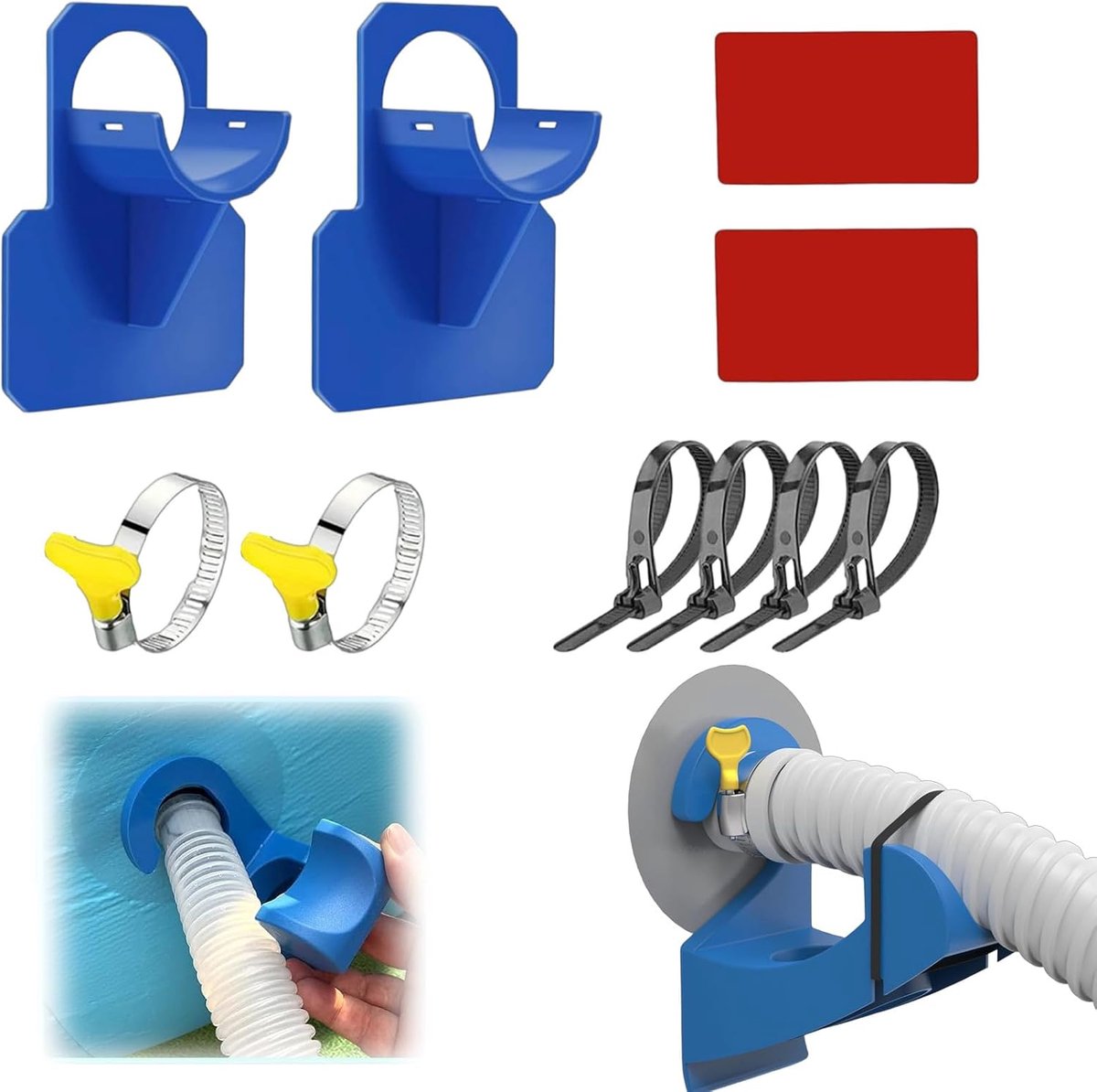 Zwembadslanghouder met knikbeveiliging, zwembadslanghouder, 26 mm - 38 mm zwembadslanghouder met kabelbinders, zwembuishouder voor Intex en Bestway (blauw) Set van 2