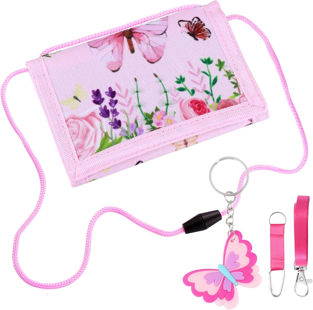 Borsttas voor kinderen, drievoudig, gevouwen portemonnee om te hangen, cadeau met sleutelhanger, schoolkind voor meisjes, voor munten, kaarten en biljetten, vlinder, 12*8cm, vlinder