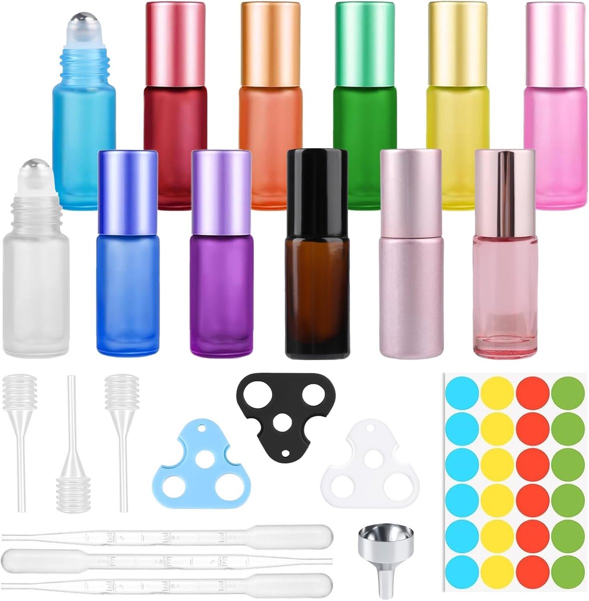Roll-on glazen flessen voor etherische oliën, lege roll-on fles met roestvrijstalen bal, opener, druppelaar en trechter, kleurrijk voor parfum, massage, aromatherapie, 12 stuks 5 ml