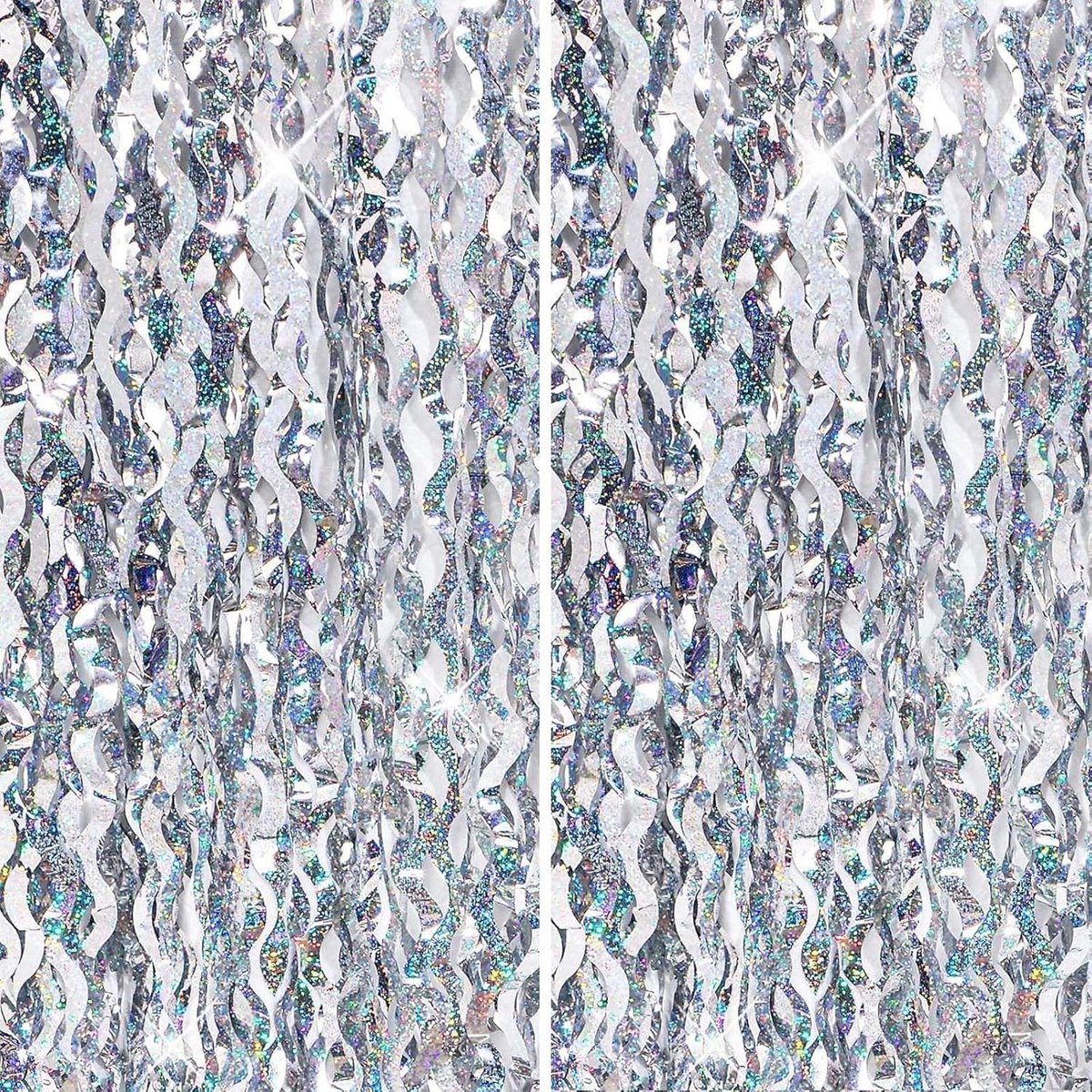 2 stuks golvende glitter zilveren folie gordijnen, 1 m x 2 m feest achtergrond streamers, zilverfolie franje klatergoud achtergrond glitter voor verjaardag, bruiloft, vakantie