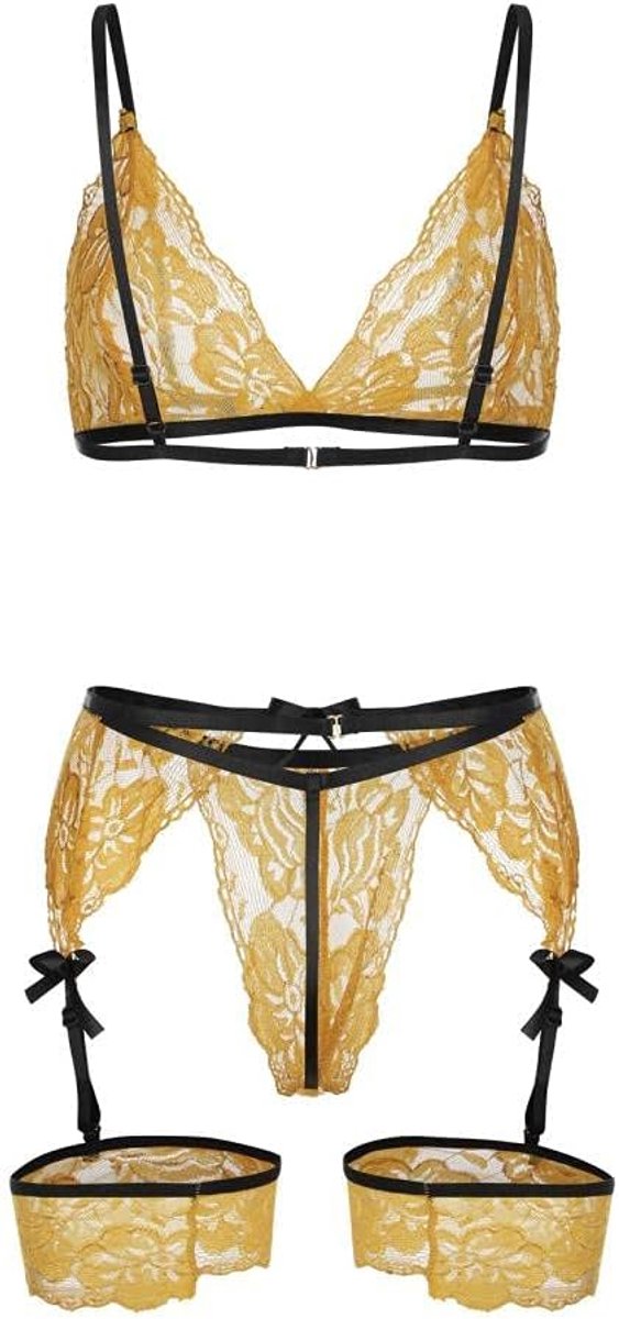 & sensualiteit Vrouwen Sexy Ondergoed Kanten Beha Kousenband Kostuums set-Amarillo_L