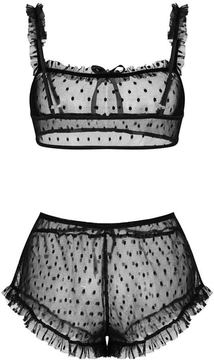 Sets met nachtmode & ochtendjas Dames Boog Kant Sexy Ondergoed Thongs Ademend 2st-Black_XL
