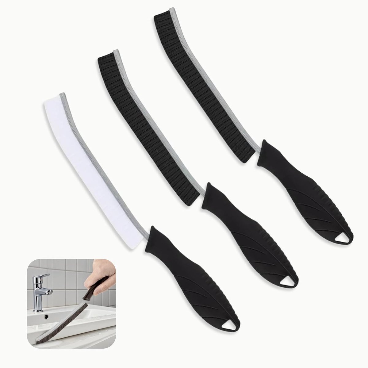 Voegenreiniger, 3-delige nylon borstelkop, antislip, gebogen handgreep, reiniging van de dode hoek, keukenbadreiniging, essentiële reinigingsborstel