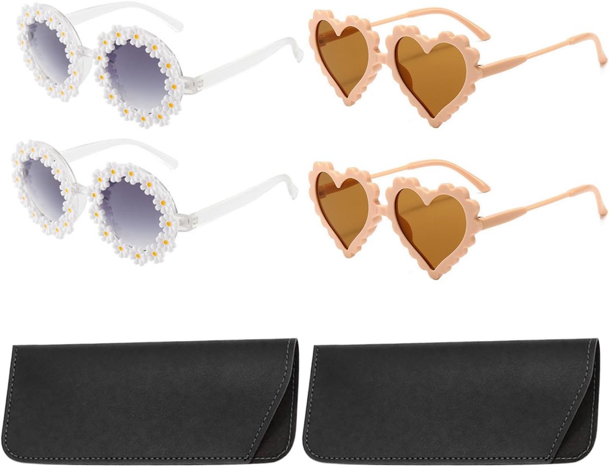 2 Stuks Meisjes Zonnebril En 2 Stuks Glazen Tas, Uv-Bescherming, Bloemen En Roze Liefde Ornament, Zomer Outdoor Accessoires, Geschikt Voor Stranden, Reizen En Feesten.