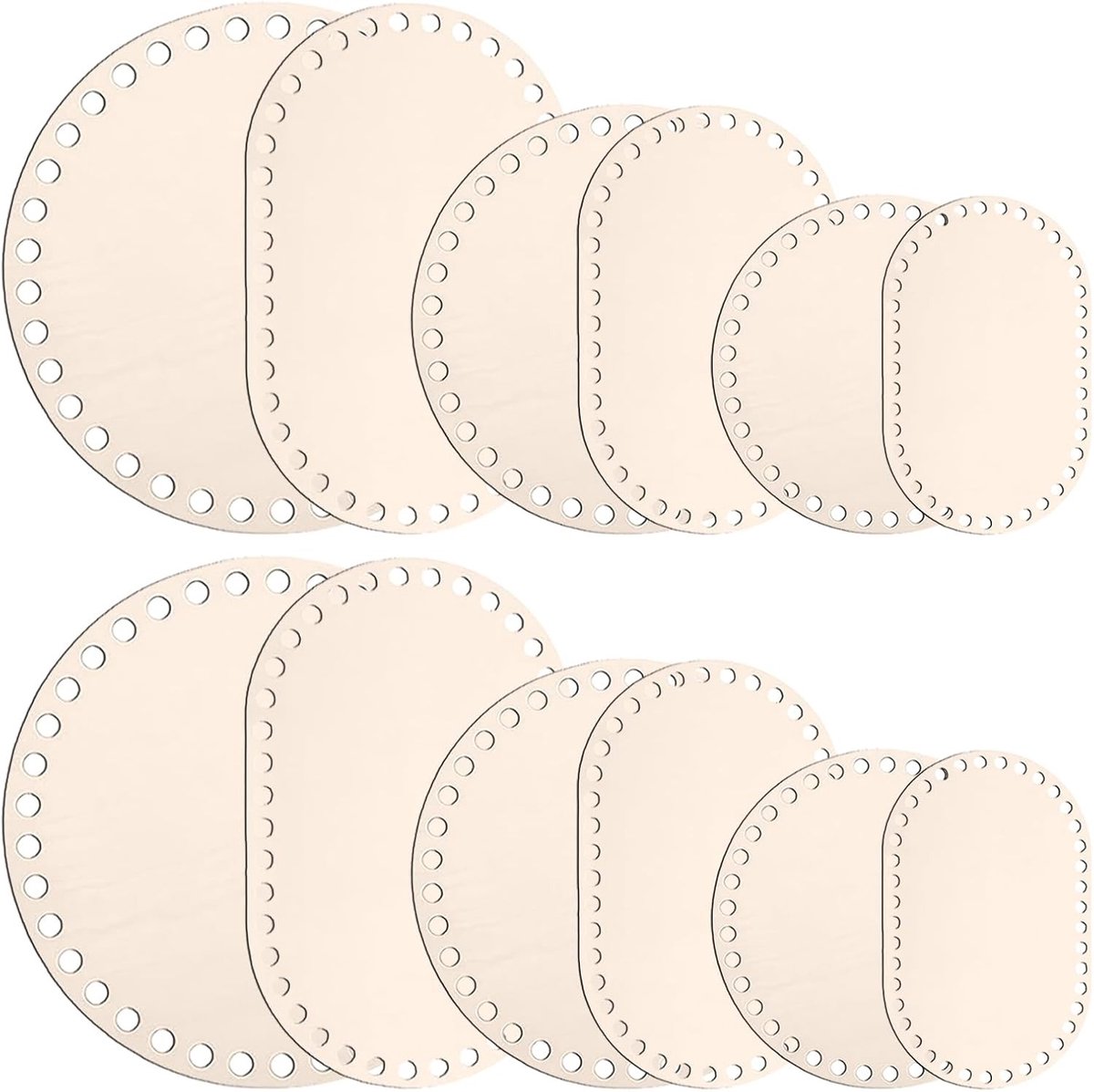 Set van 12 Houten Mand Bases – Ronde en Ovale Vormen voor Haakwerk, Weven en Creatieve Klussen, 6 Afmetingen van 10 tot 20 cm van Lindehout met 6 mm Gaten