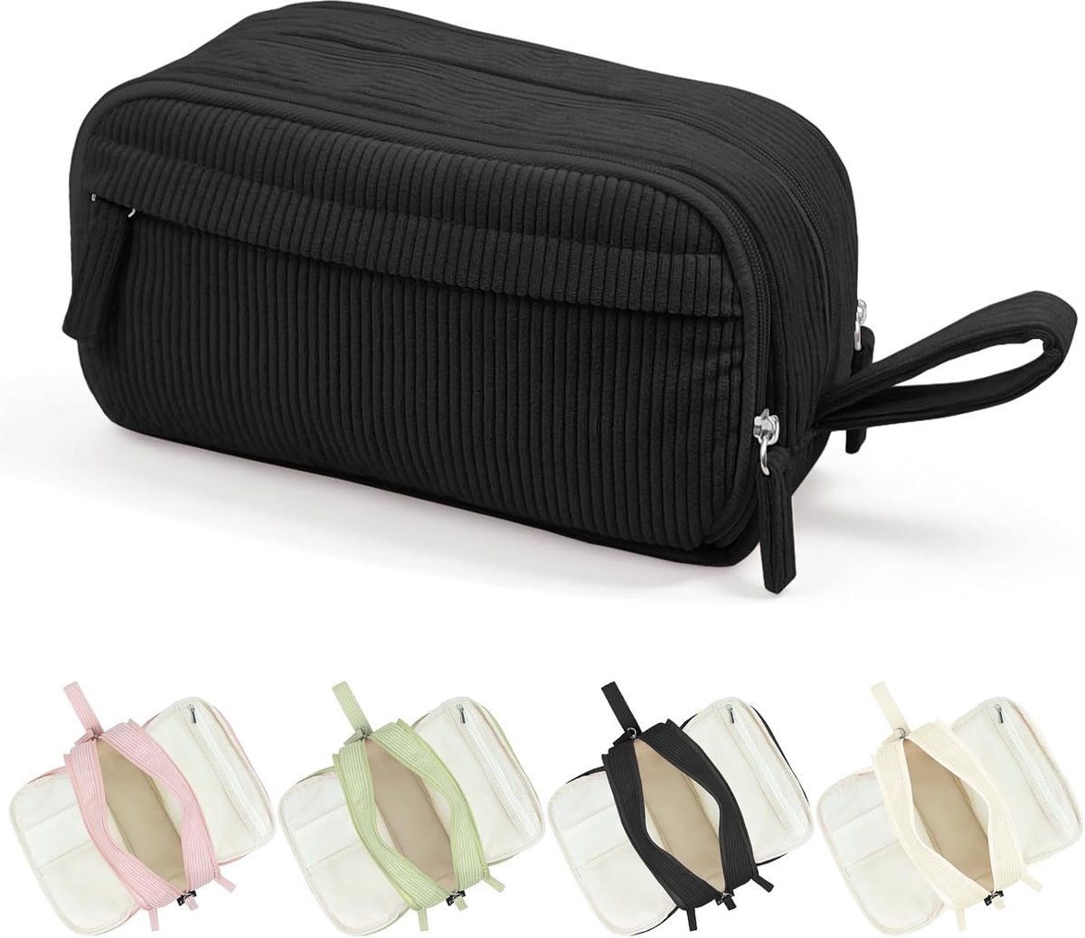 Cosmeticatas van corduroy, met polsband, meerdere vakken, ritssluiting, voor make-up en reizen, zwart, modern