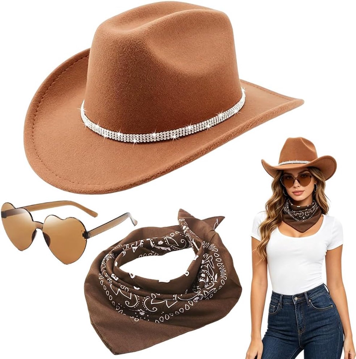 Cowboyhoeden Kostuum Cowgirlhoeden met vierkante sjaal en bril voor kostuumverjaardagsfeestjes 4
