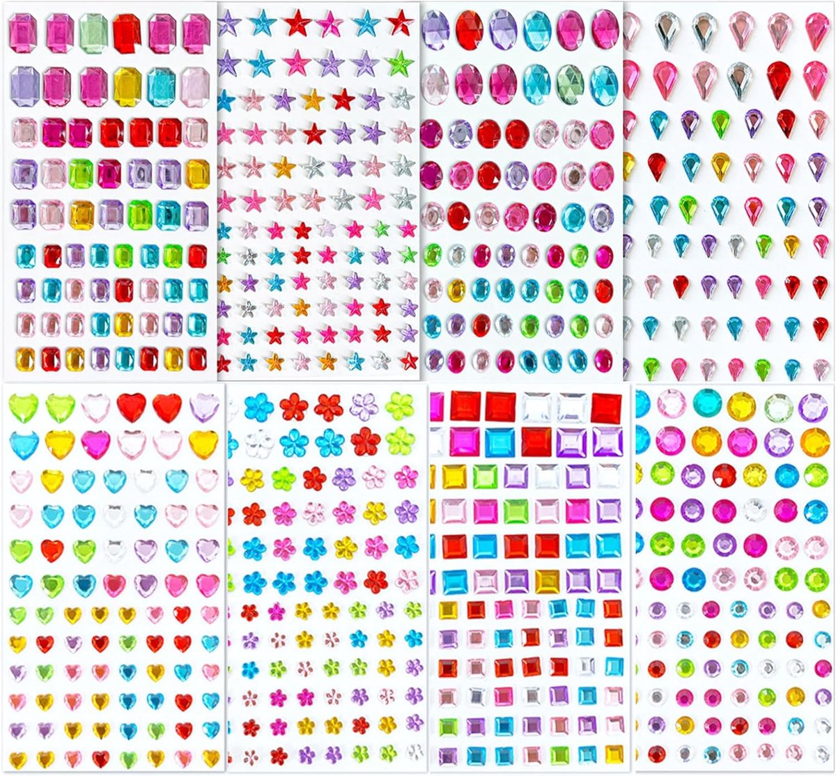 635 zelfklevende glittersteentjes, 8 vellen zelfklevende strasssteentjes, kleurrijke glitterstickers, glitterdecoratie, stickerset, veelkleurig, verschillende vormen, maten