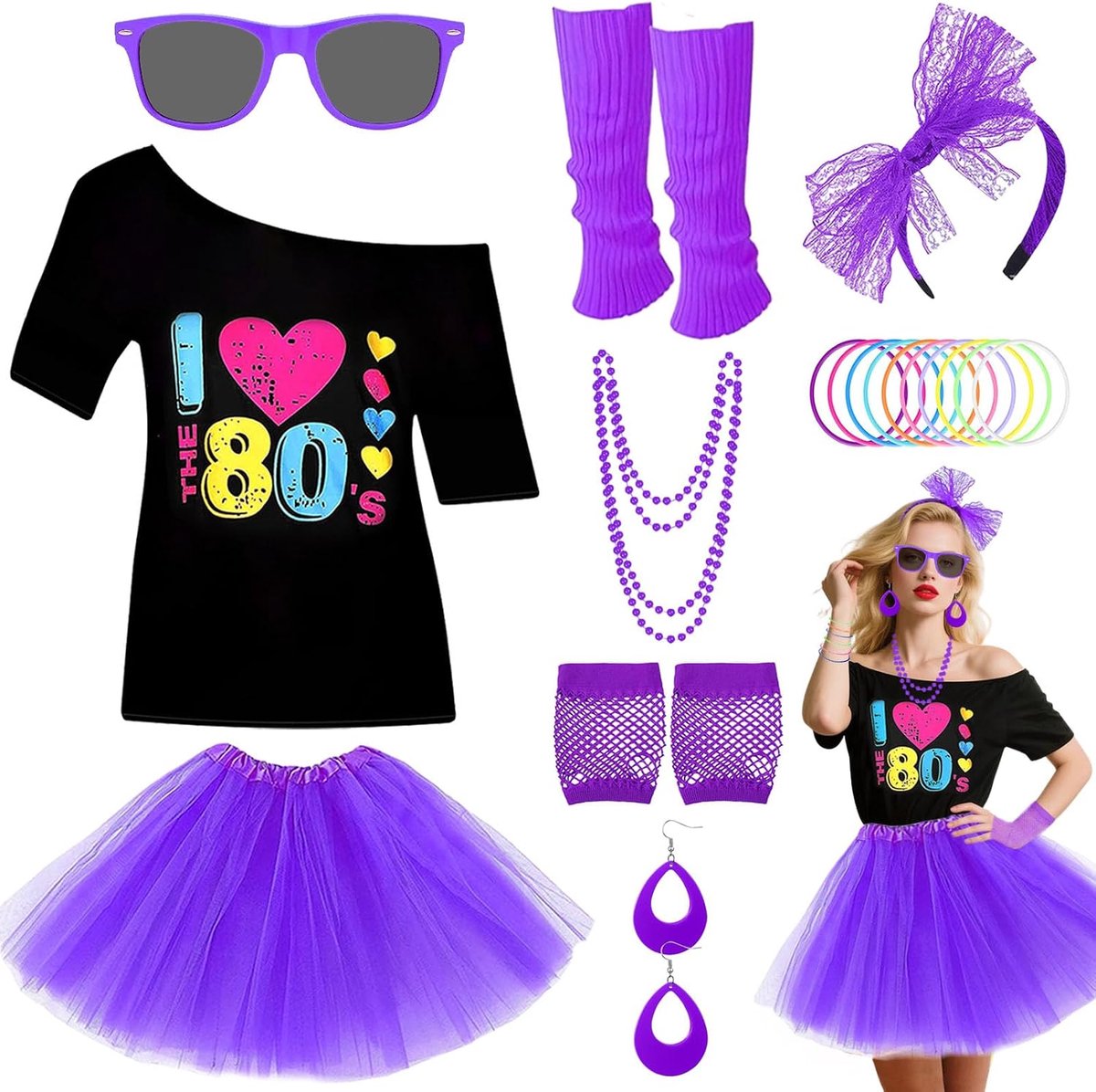 80-kostuumaccessoireset voor dames, neon-partyset uit de jaren 80 met T-shirt, tutu-rok, haarband, oorbellen, halsketting, bril, armband, netkousenhandschoenen en manchetten voor retro party