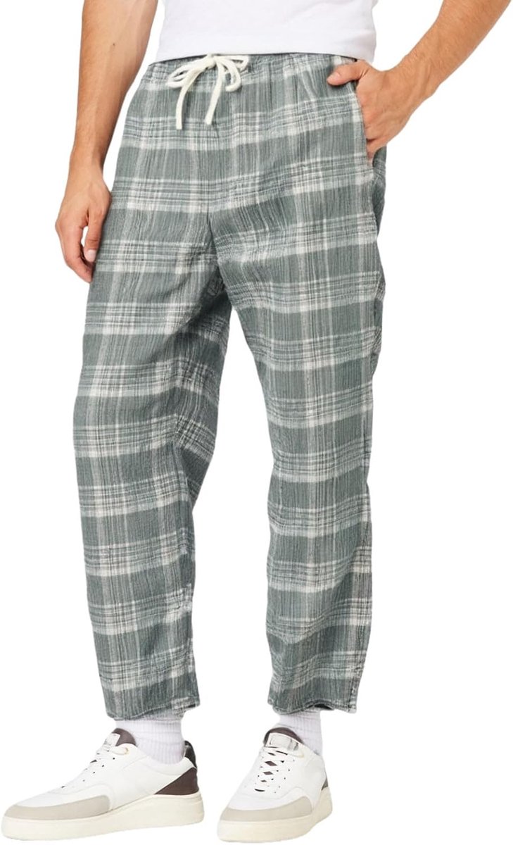 Lange en comfortabele gebreide pyjamabroek voor heren, geruite broek in Japanse stijl, ademend, alle stof, losse en comfortabele pasvorm