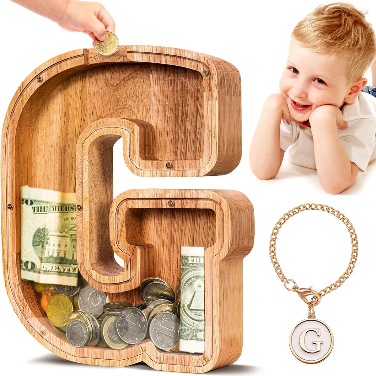 Spaarpot voor kinderen en jongens, gepersonaliseerd hout, groot spaarvarken, onbreekbare letter A-Z, spaarpot voor kinderen, meisjes, volwassenen, cadeau en decoratie