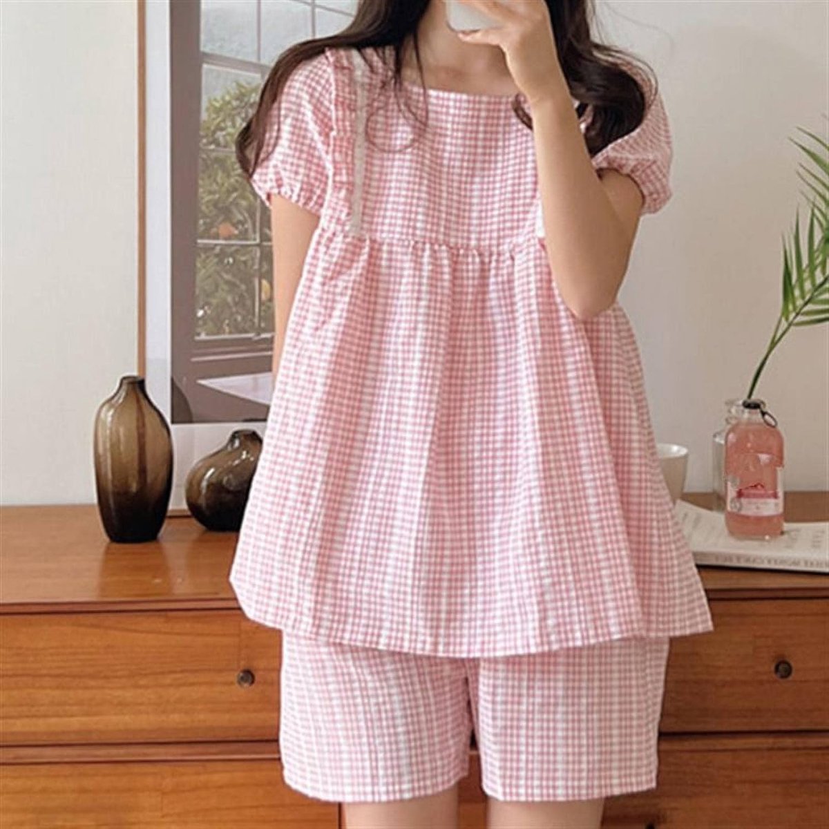 Kanten Vierkante Hals Kraag Pyjama Sets - Zachte Zoete Strik Korte Mouw Geruite Print Katoenen Jacquard Mooie Nachtkleding, Dames Chic Homewear Casual Student Nachtkleding Zachte Kleding Zuster