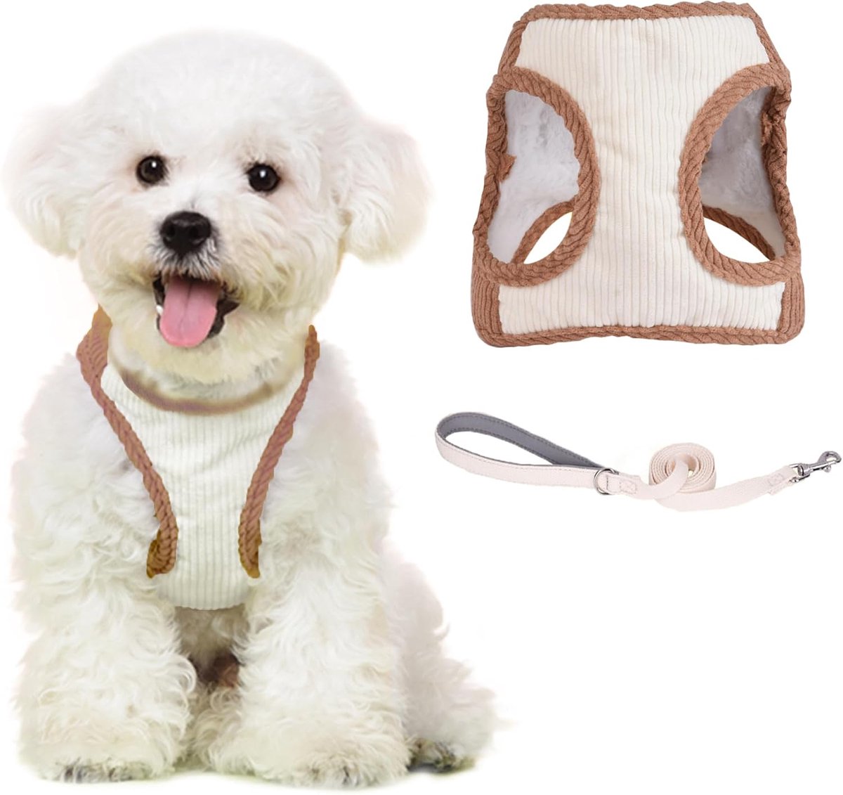 Hondenharnas met riem, zacht wintervest, van pluche, zonder verstikking, comfortabel, verstelbaar, voor kleine en middelgrote honden, bruin, XXXS