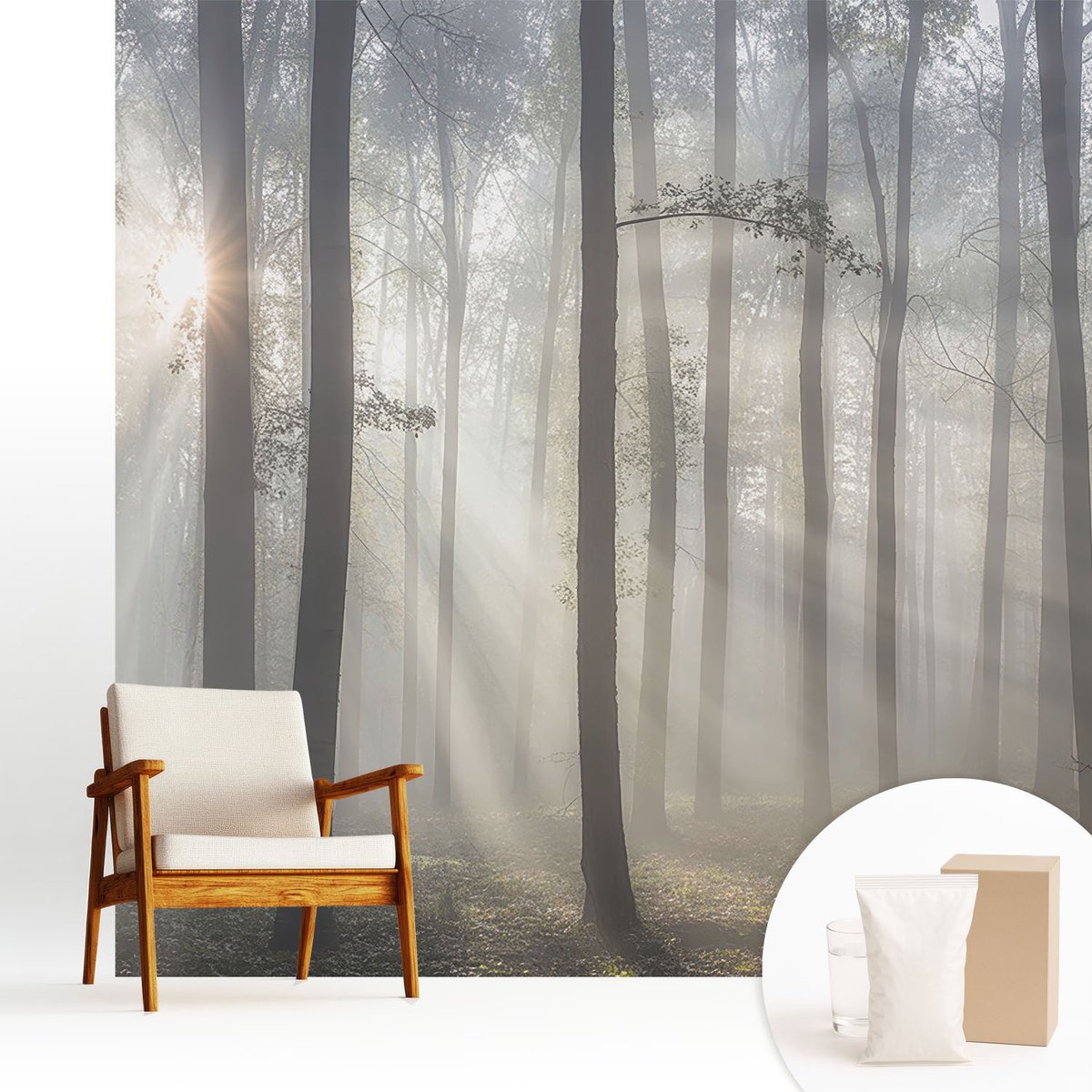 Wallfluent Fotobehang - Grijs Vliesbehang - 250x250 cm - Etherisch Woud Fotobehang Vlies - Woonkamer behang Landschappen - Muurschildering - Woonkamer behang