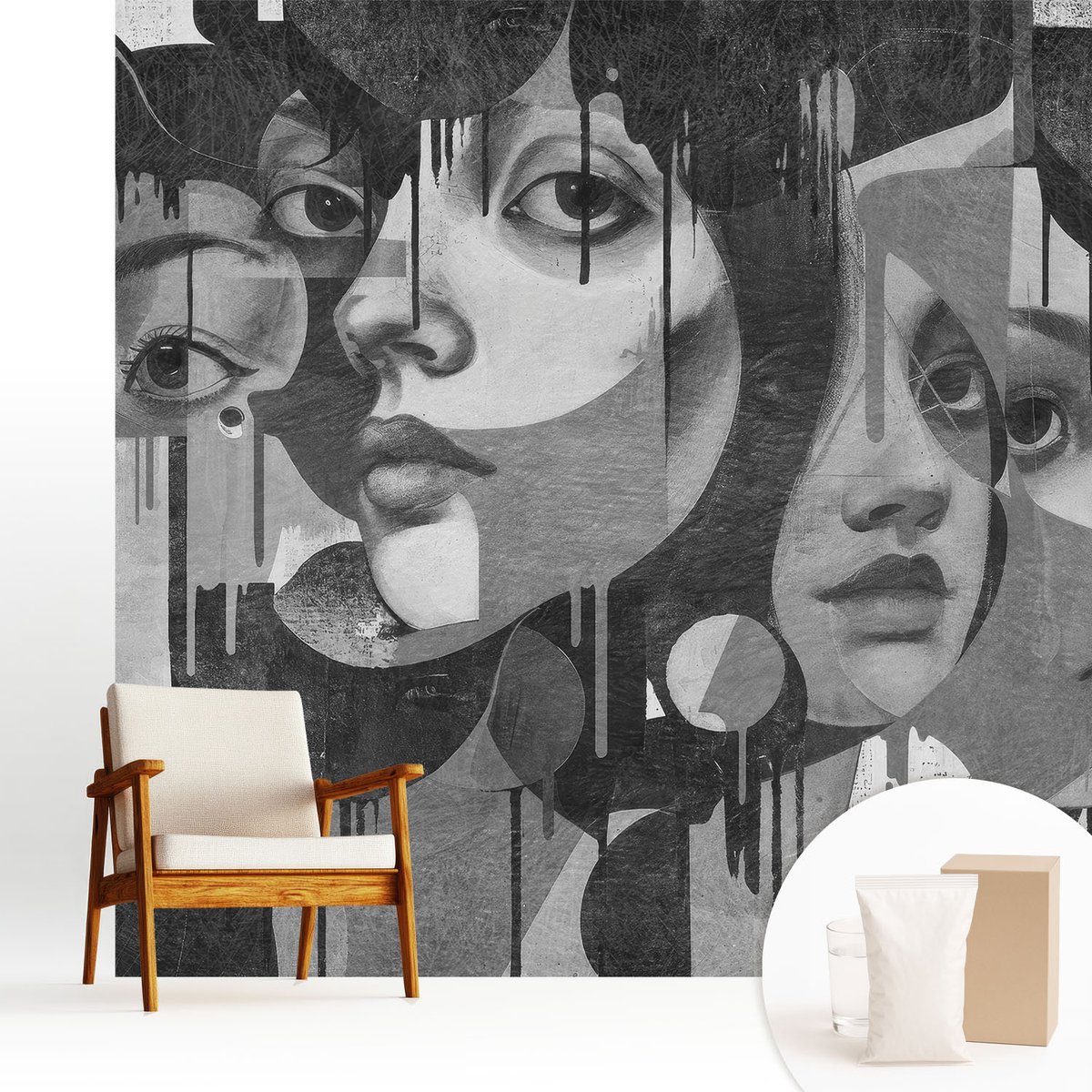 Wallfluent Fotobehang - Zwart-Wit Vliesbehang - 250x250 cm - Vrouwengezichten Muurschildering - Slaapkamer behang Deel - Fotobehang Vlies - Slaapkamer behang
