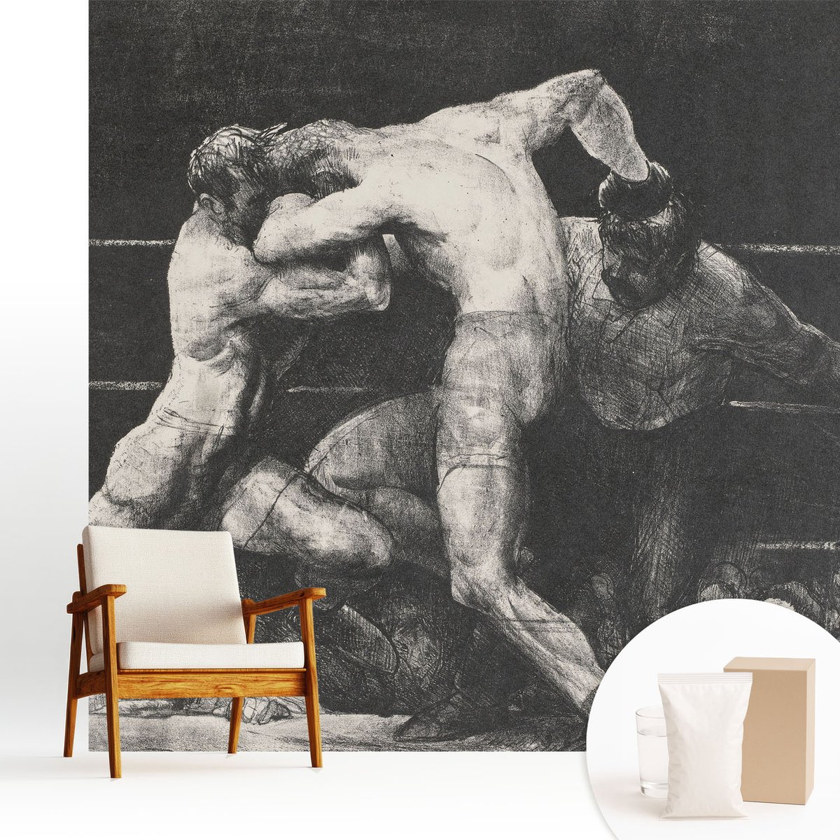 Wallfluent Fotobehang - Zwart Vliesbehang - 250x250 cm - Boksersduel Fotobehang Vlies - Woonkamer behang Deel - Muurschildering - Hal behang