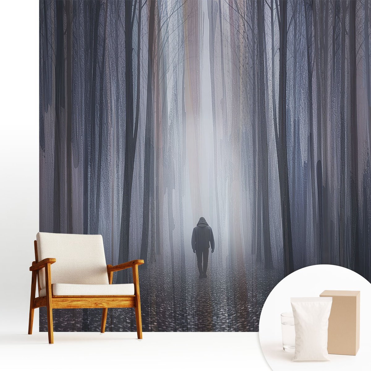 Wallfluent Fotobehang - Grijs Vliesbehang - 250x250 cm - Bosstilte Muurschildering - Slaapkamer behang Landschappen - Fotobehang Vlies - Slaapkamer behang