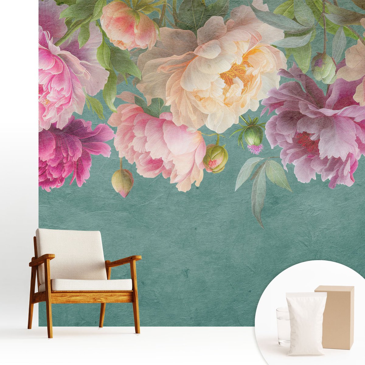 Wallfluent Fotobehang - Groente Vliesbehang - 250x250 cm - Bloemige Elegantie Muurschildering - Slaapkamer behang Bloemen En Planten - Fotobehang Vlies - Slaapkamer behang