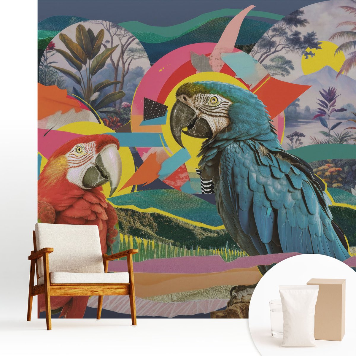 Wallfluent Fotobehang - Blauw Vliesbehang - 250x250 cm - Exotische Vogels Muurschildering - Slaapkamer behang Dieren - Fotobehang Vlies - Gang behang
