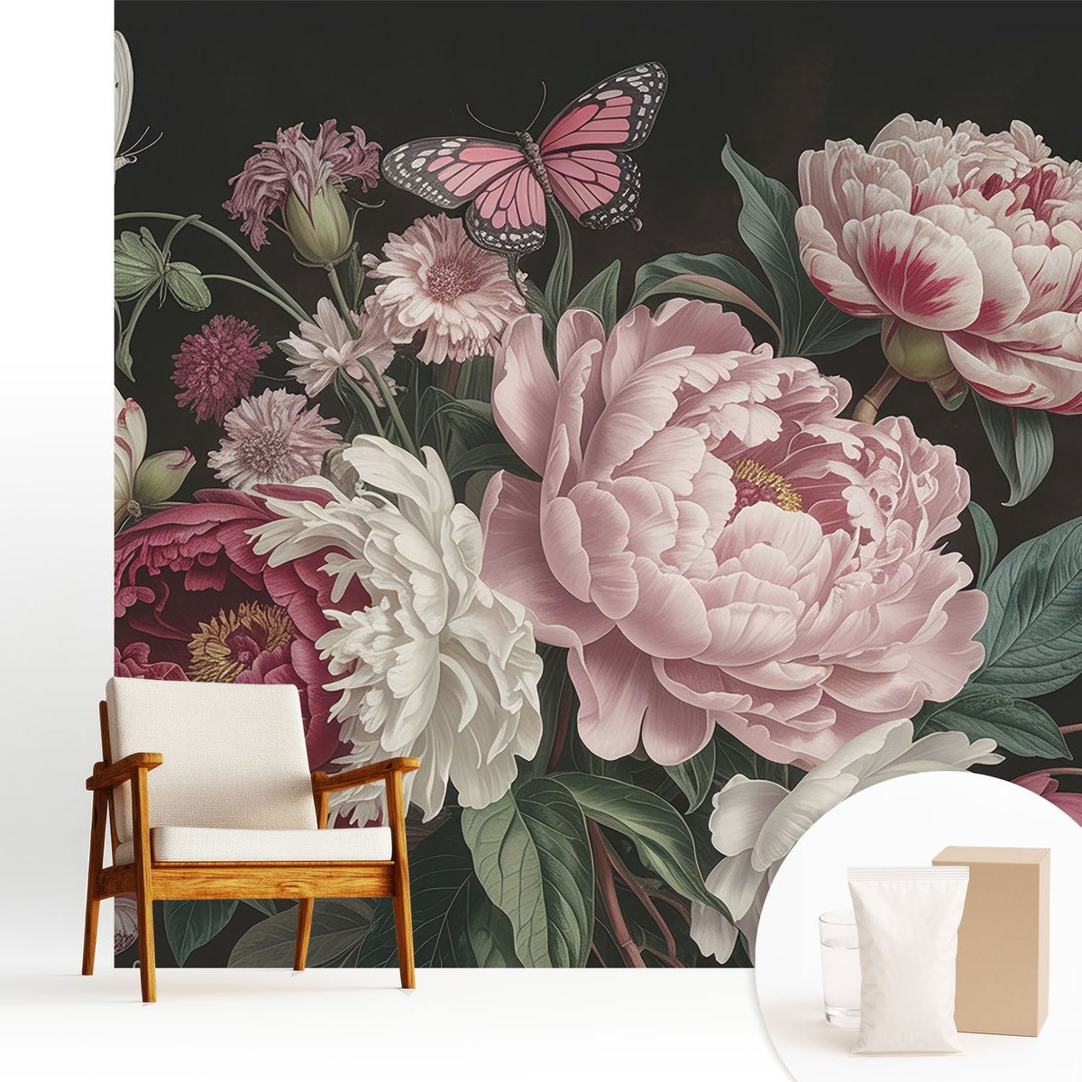 Wallfluent Fotobehang - Zwart Vliesbehang - 250x250 cm - Pioenrozen En Vlinders Muurschildering - Slaapkamer behang Bloemen En Planten - Fotobehang Vlies - Slaapkamer behang