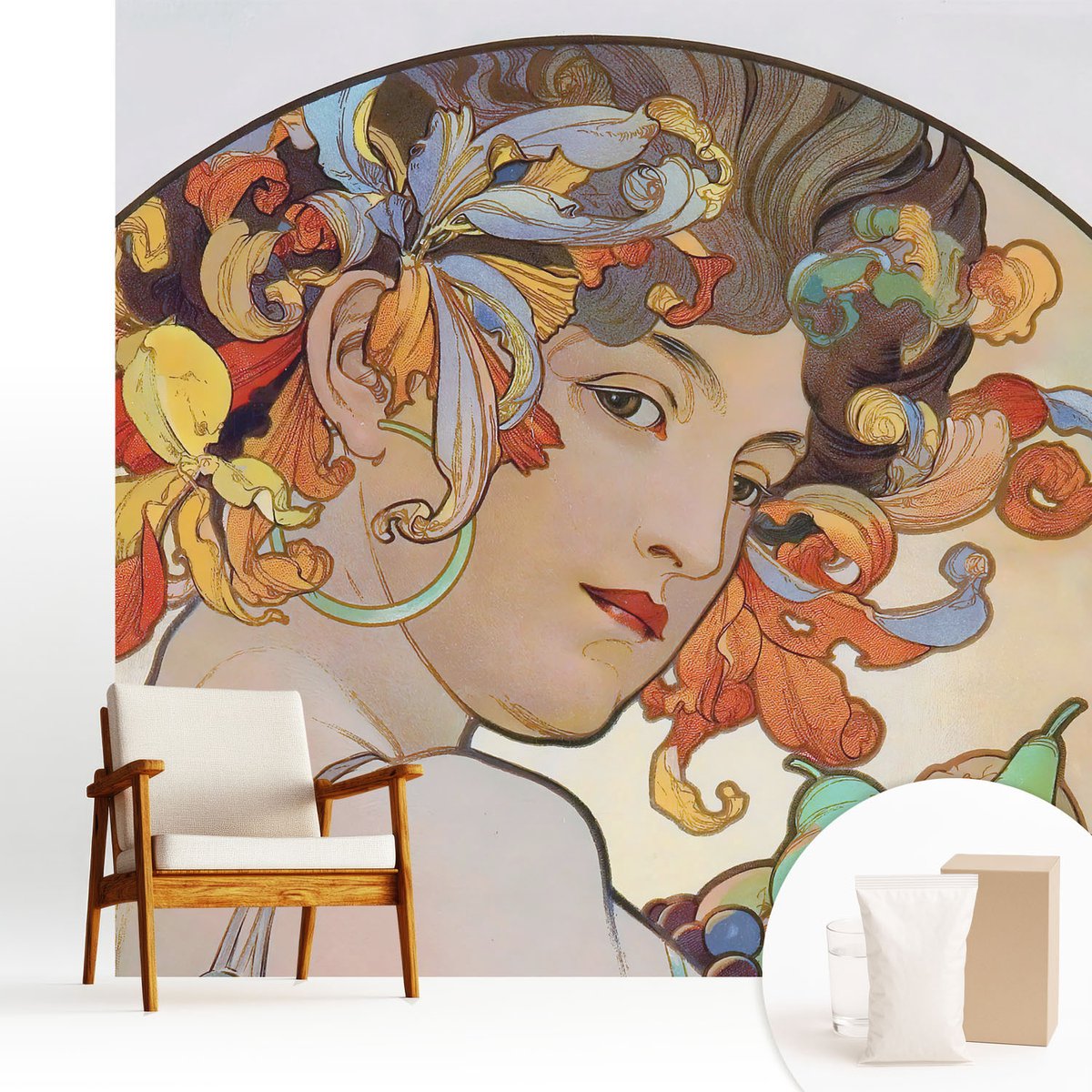 Wallfluent Fotobehang - Beige Vliesbehang - 250x250 cm - Kleurrijke Art Nouveau Fotobehang Vlies - Woonkamer behang Deel - Muurschildering - Hal behang