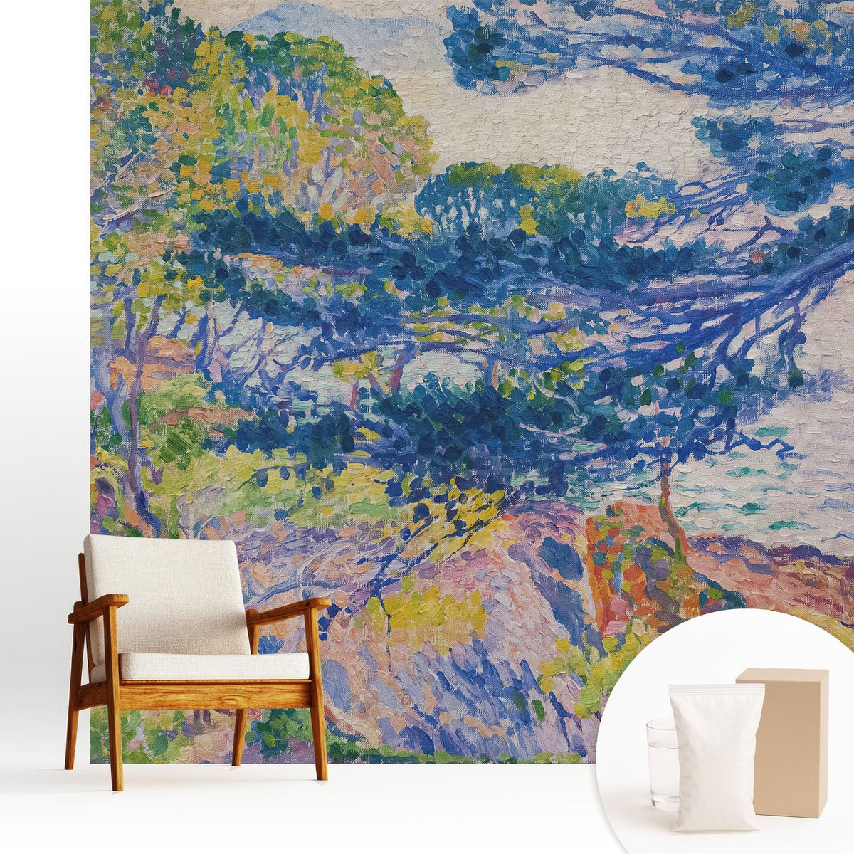 Wallfluent Fotobehang - Blauw Vliesbehang - 250x250 cm - Impressionistisch Landschap Fotobehang Vlies - Hal behang Landschappen - Muurschildering - Woonkamer behang