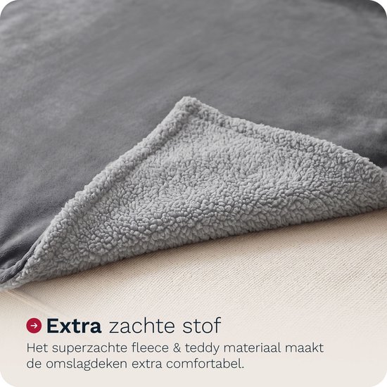 Dubbelzijdige deken met aan de ene kant gladde fleece en aan de andere kant zachte teddy stof in grijs.