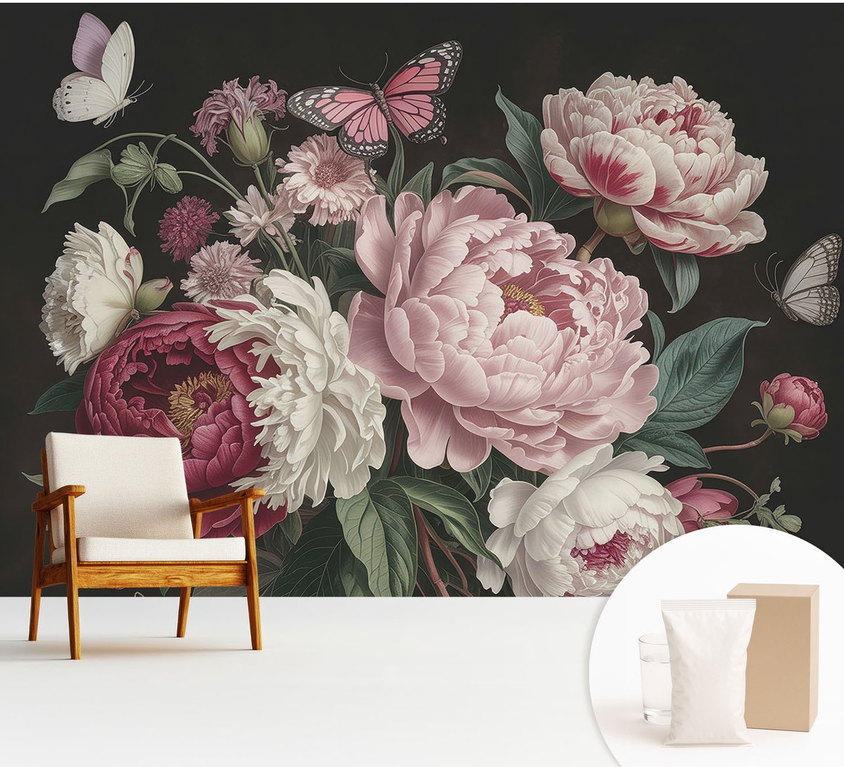 Wallfluent Fotobehang - Zwart Vliesbehang - 312x219 cm - Pioenrozen En Vlinders Muurschildering - Gang behang Bloemen En Planten - Fotobehang Vlies - Slaapkamer behang