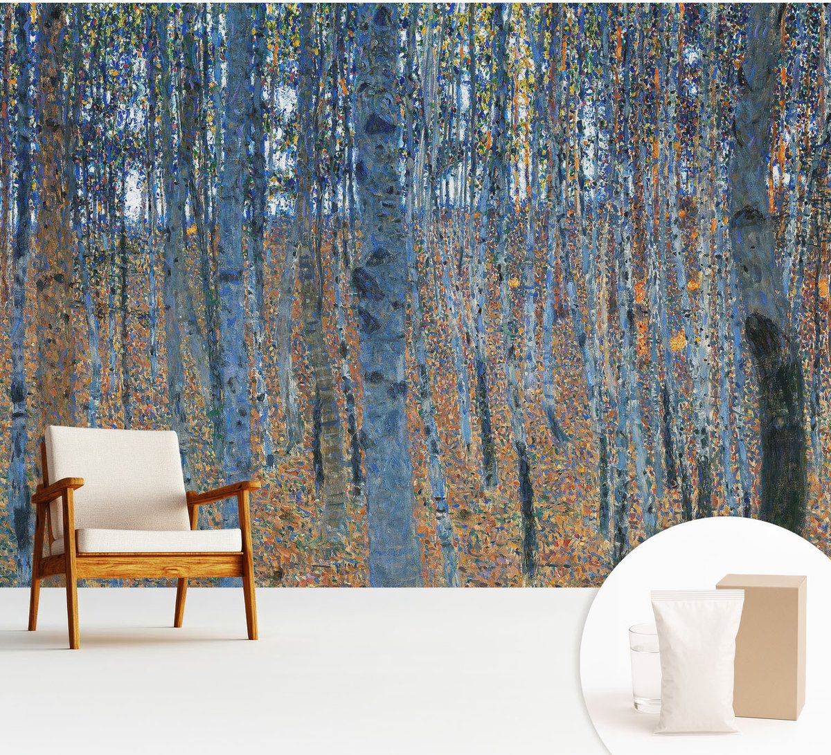 Wallfluent Fotobehang - Blauw Vliesbehang - 312x219 cm - Berkenbos Muurschildering - Gang behang Bloemen En Planten - Fotobehang Vlies - Slaapkamer behang