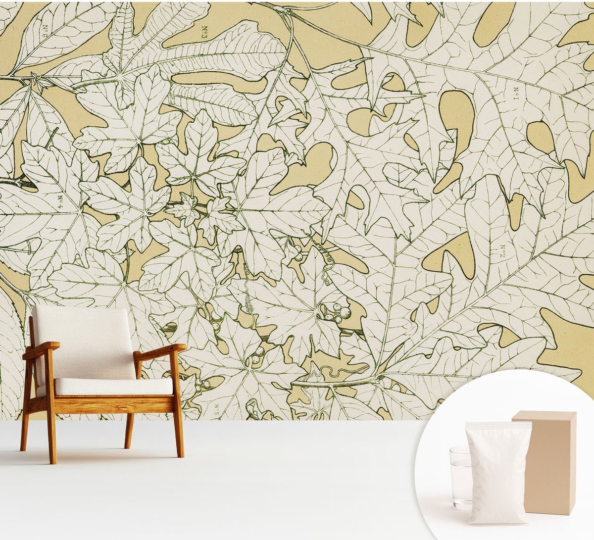 Wallfluent Fotobehang - Geel Vliesbehang - 312x219 cm - Boombladeren Fotobehang Vlies - Woonkamer behang Bloemen En Planten - Muurschildering - Woonkamer behang