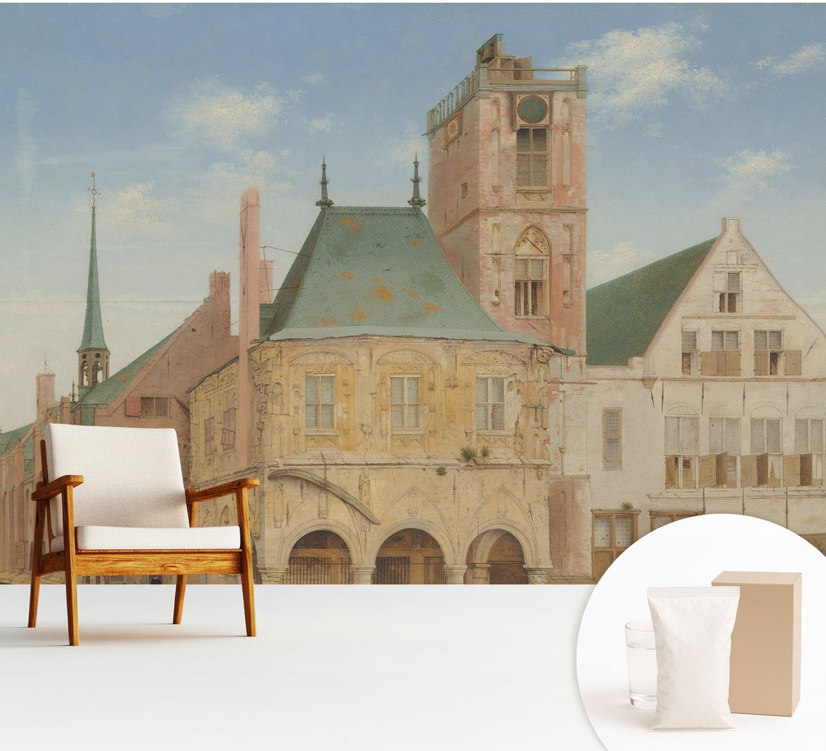 Wallfluent Fotobehang - Blauw Vliesbehang - 312x219 cm - Historisch Stadhuis Fotobehang Vlies - Hal behang Architectuur - Muurschildering - Woonkamer behang