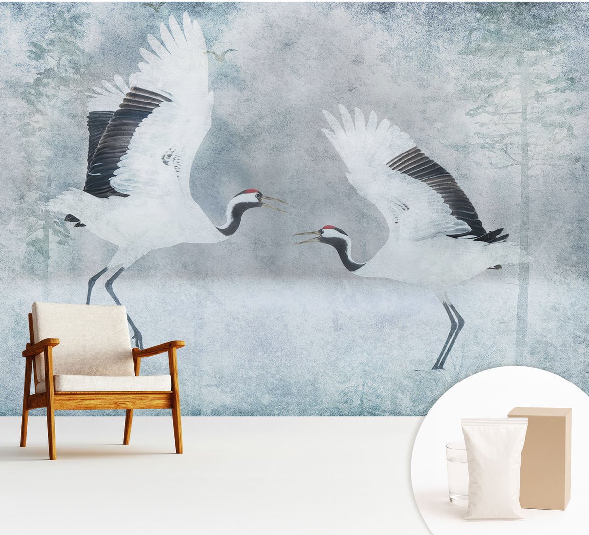 Wallfluent Fotobehang - Wit Vliesbehang - 312x219 cm - Harmonieuze Kraanvogels Fotobehang Vlies - Hal behang Dieren - Muurschildering - Woonkamer behang