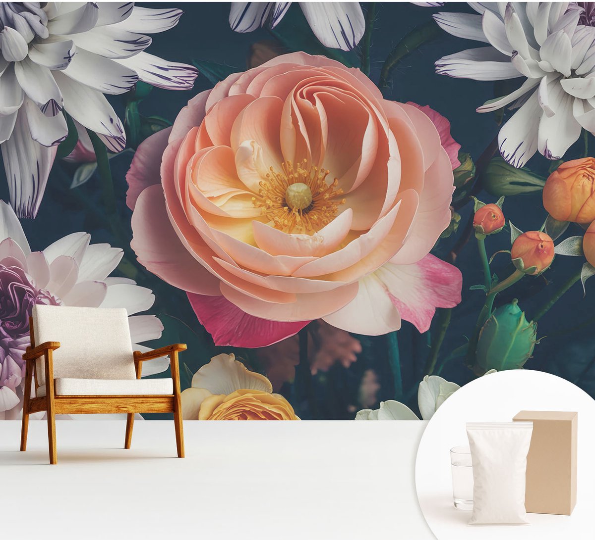 Wallfluent Fotobehang - Roze Vliesbehang - 312x219 cm - Bloemenharmonie Fotobehang Vlies - Hal behang Bloemen En Planten - Muurschildering - Woonkamer behang