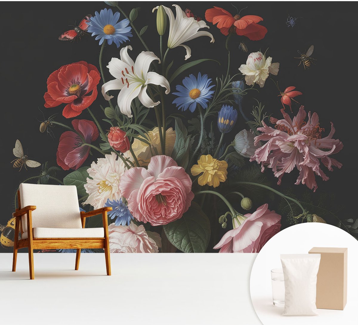 Wallfluent Fotobehang - Zwart Vliesbehang - 312x219 cm - Bloemen Met Insecten Fotobehang Vlies - Hal behang Bloemen En Planten - Muurschildering - Woonkamer behang