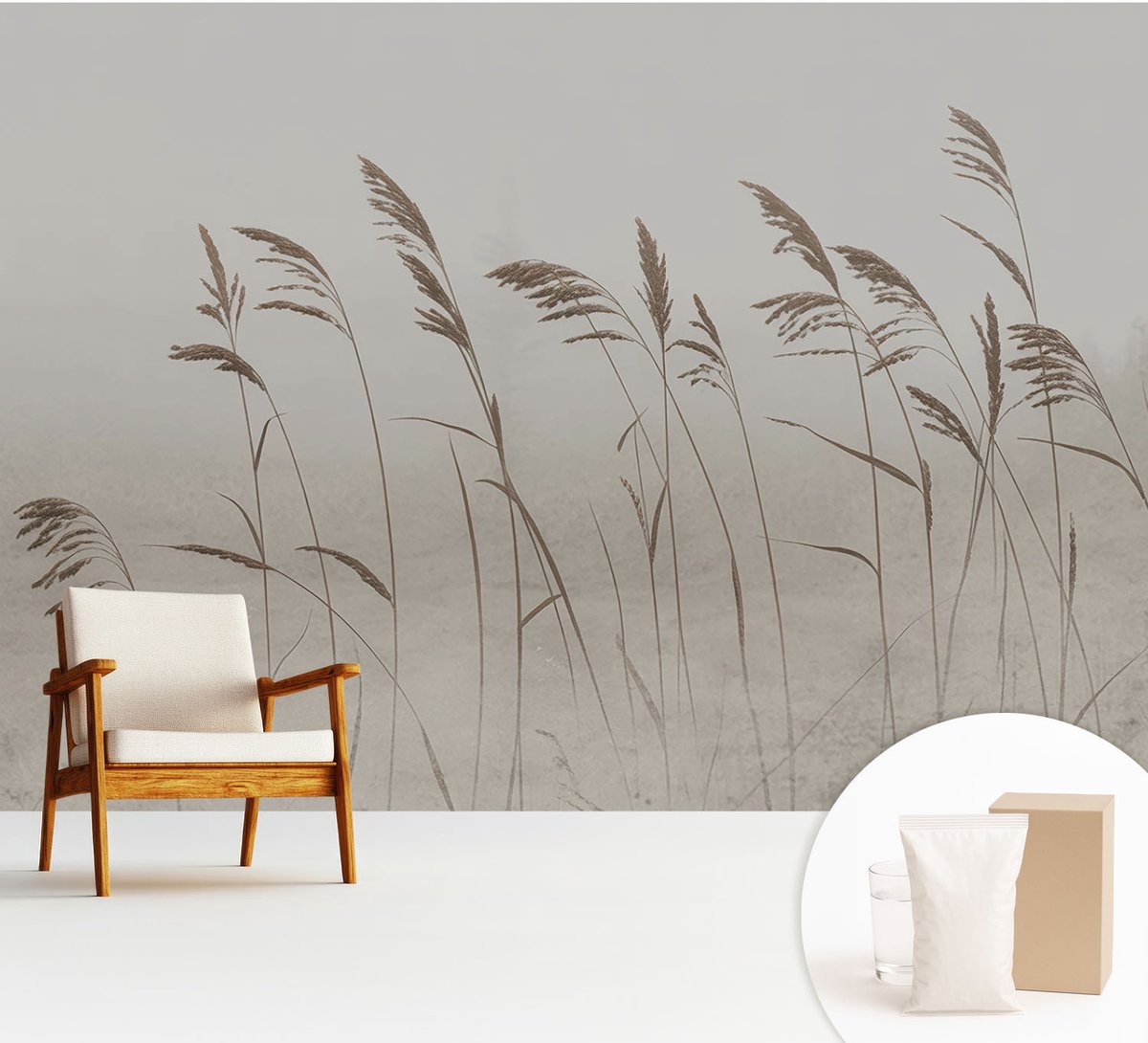 Wallfluent Fotobehang - Grijs Vliesbehang - 312x219 cm - Grassen In De Mist Fotobehang Vlies - Woonkamer behang Bloemen En Planten - Muurschildering - Woonkamer behang