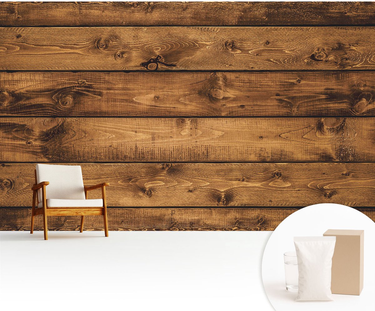 Wallfluent Fotobehang - Bruin Vliesbehang - 416x254 cm - Houten Planken Fotobehang Vlies - Hal behang Texturen - Muurschildering - Woonkamer behang