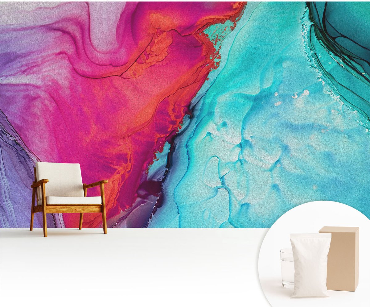 Wallfluent Fotobehang - Paars Vliesbehang - 416x254 cm - Kleurrijke Golf Muurschildering - Gang behang Abstractie - Fotobehang Vlies - Slaapkamer behang