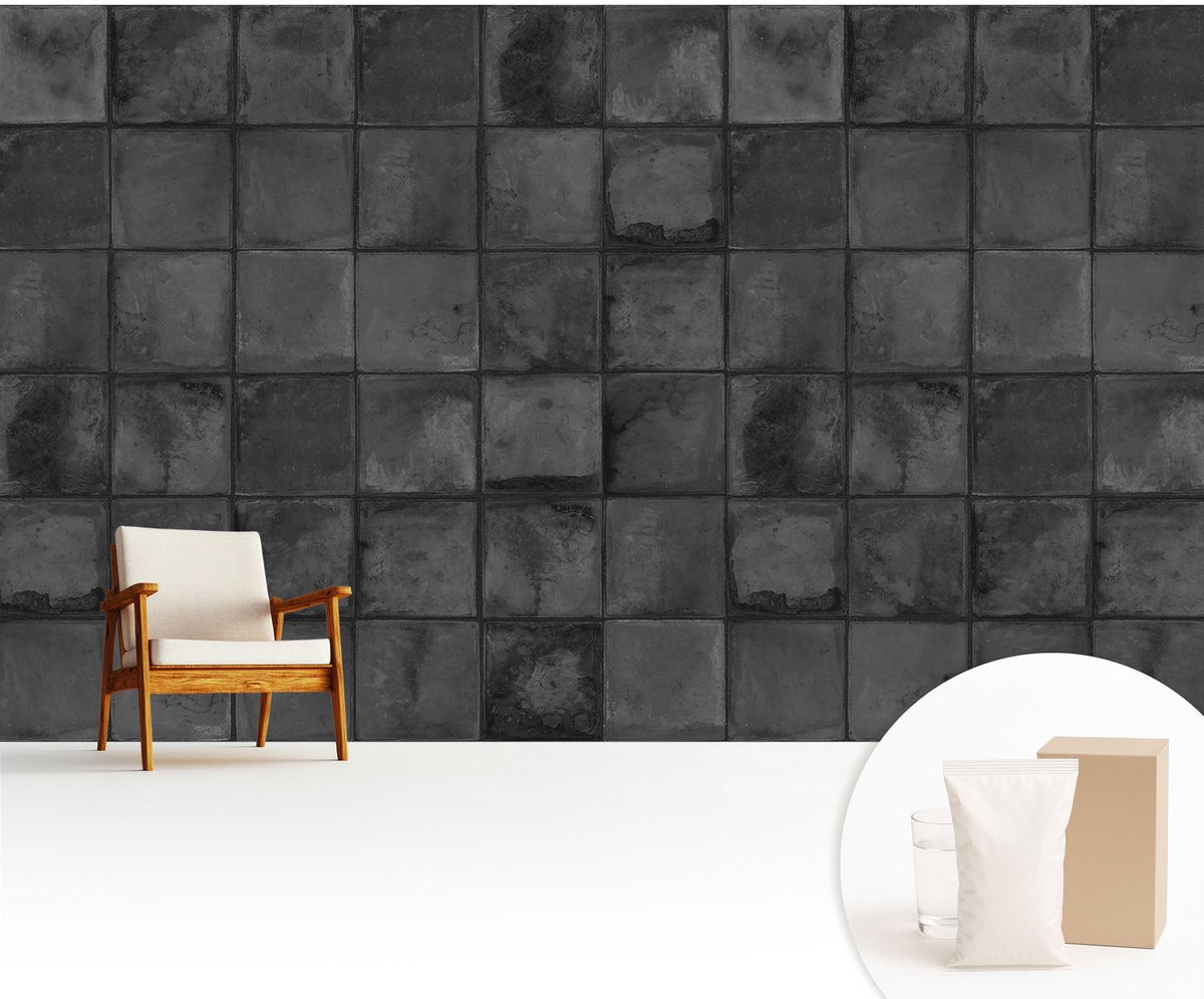 Wallfluent Fotobehang - Grijs Vliesbehang - 416x254 cm - Grijze Tegels Fotobehang Vlies - Woonkamer behang Texturen - Muurschildering - Hal behang
