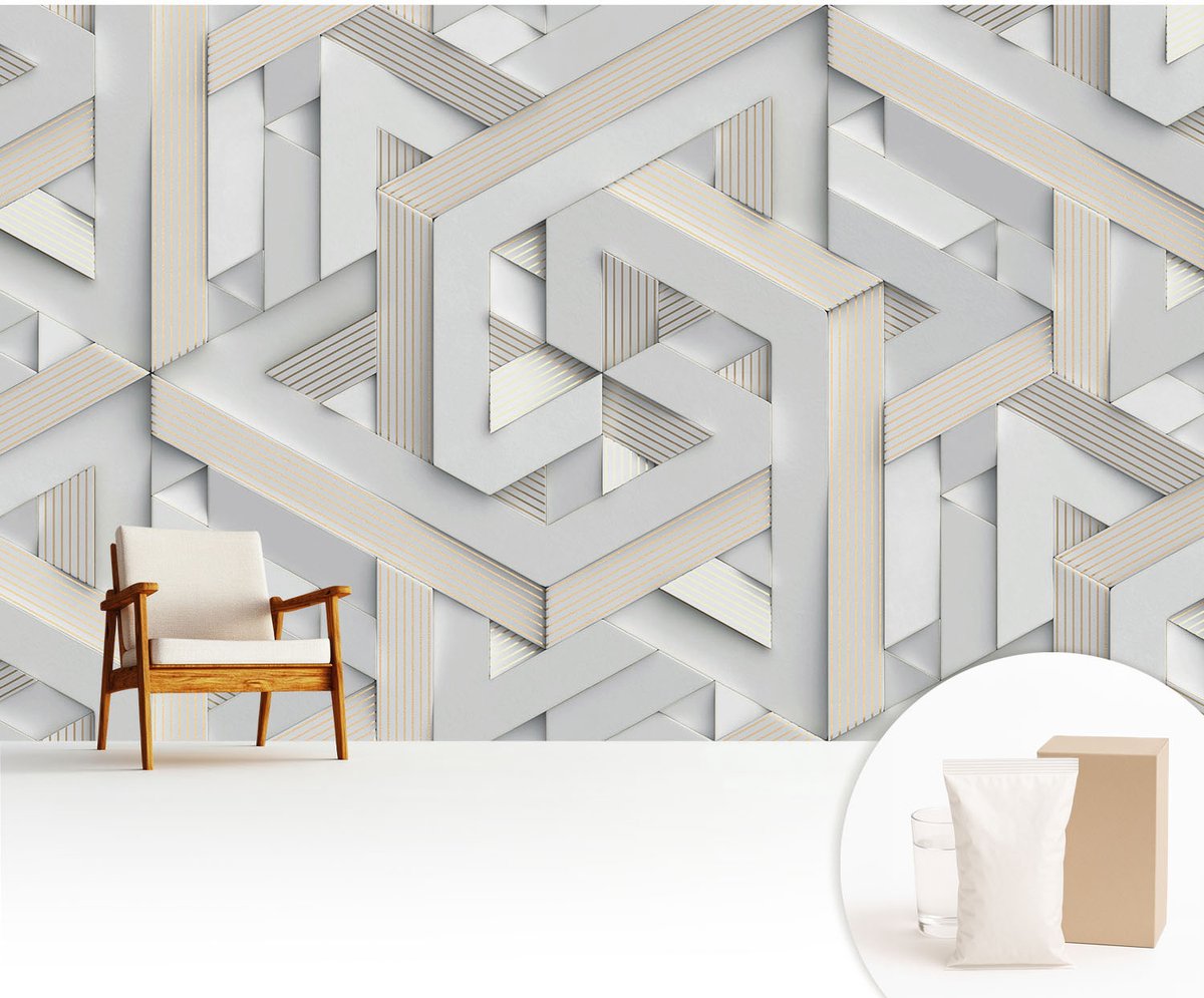 Wallfluent Fotobehang - Wit Vliesbehang - 416x254 cm - Illusoire Vormen Fotobehang Vlies - Hal behang Geometrie - Muurschildering - Woonkamer behang