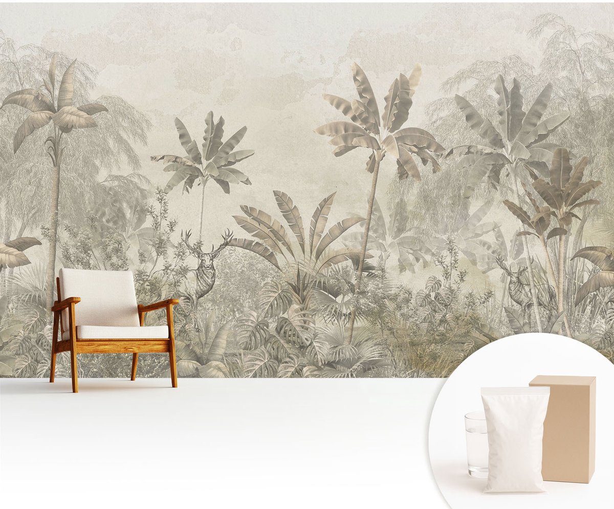 Wallfluent Fotobehang - Grijs Vliesbehang - 416x254 cm - Tropische Jungle Muurschildering - Slaapkamer behang Bloemen En Planten - Fotobehang Vlies - Slaapkamer behang
