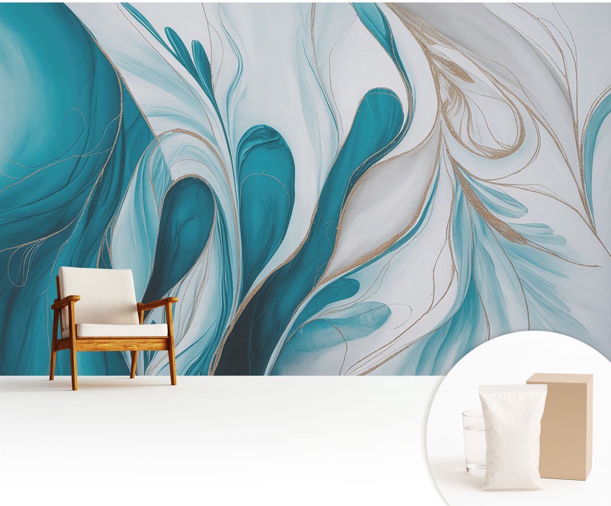 Wallfluent Fotobehang - Turkoois Vliesbehang - 416x254 cm - Vloeistofpatronen Muurschildering - Slaapkamer behang Abstractie - Fotobehang Vlies - Slaapkamer behang
