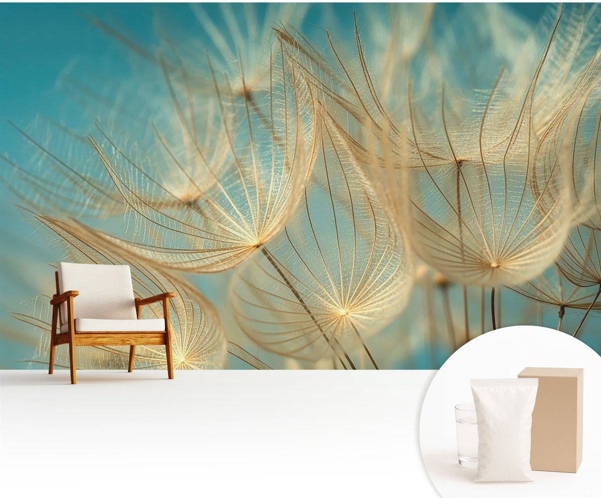 Wallfluent Fotobehang - Beige Vliesbehang - 416x254 cm - Etherische Paardenbloemen Fotobehang Vlies - Hal behang Bloemen En Planten - Muurschildering - Woonkamer behang
