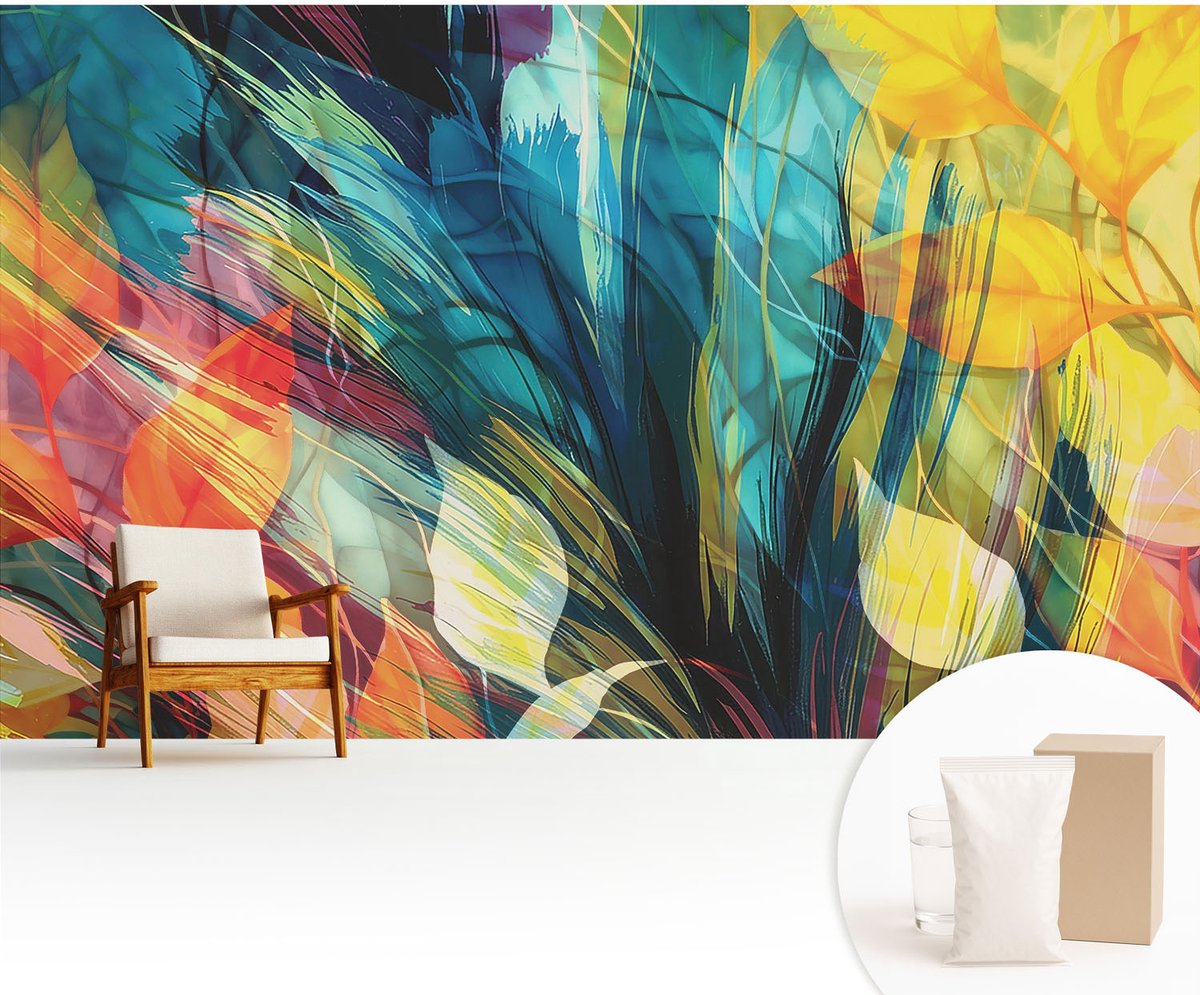 Wallfluent Fotobehang - Blauw Vliesbehang - 416x254 cm - Abstracte Bladeren Muurschildering - Gang behang Abstractie - Fotobehang Vlies - Slaapkamer behang