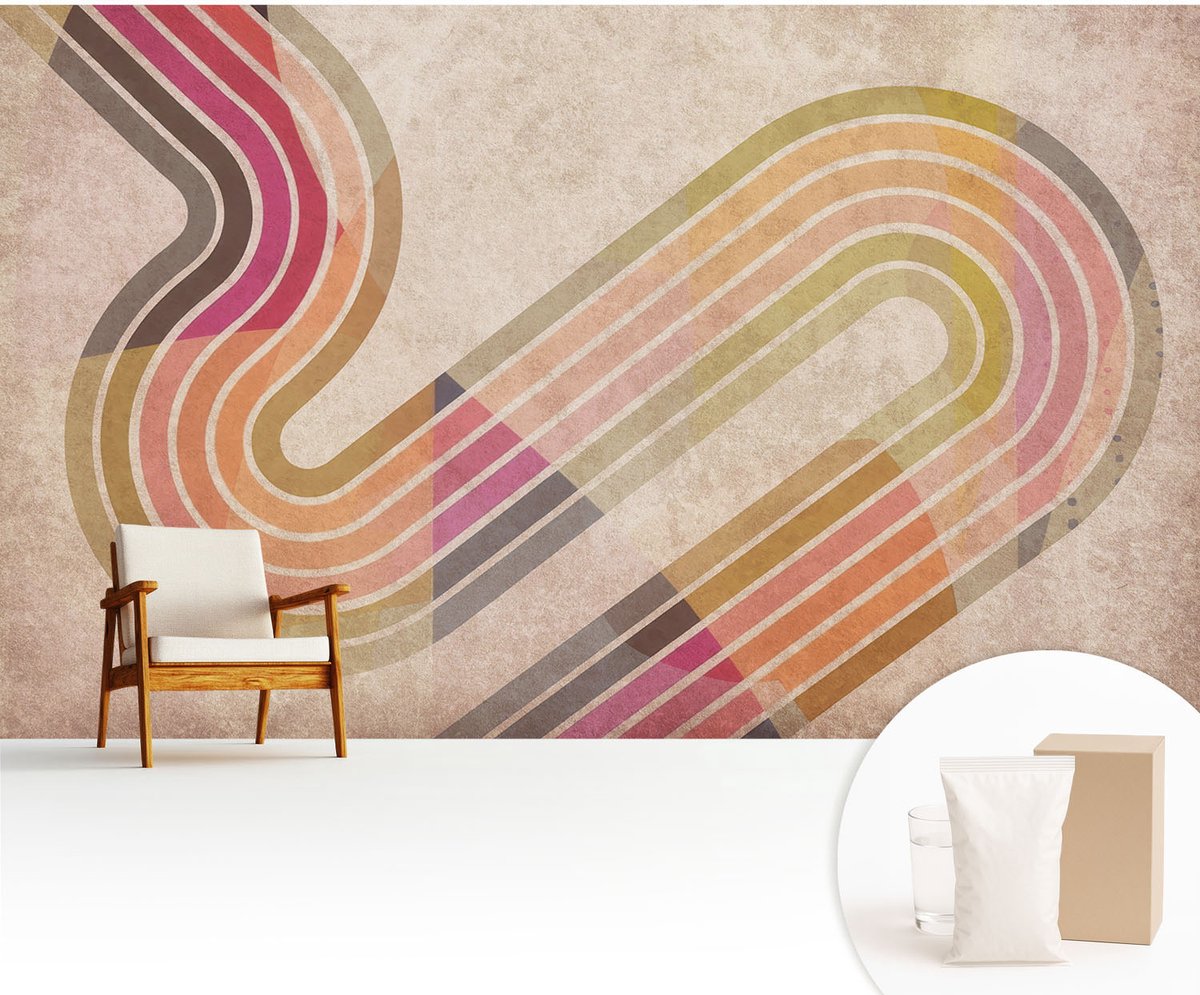 Wallfluent Fotobehang - Beige Vliesbehang - 416x254 cm - Geometrische Lijnen Muurschildering - Gang behang Abstractie - Fotobehang Vlies - Gang behang