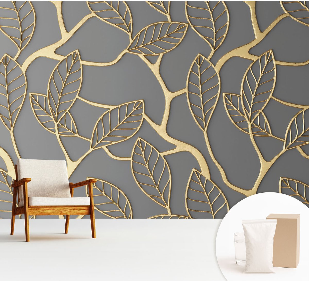 Wallfluent Fotobehang - Grijs Vliesbehang - 312x219 cm - Elegante Bladeren Muurschildering - Gang behang Bloemen En Planten - Fotobehang Vlies - Slaapkamer behang