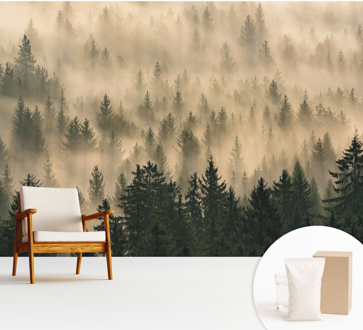 Wallfluent Fotobehang - Grijs Vliesbehang - 312x219 cm - Bosmist Fotobehang Vlies - Hal behang Landschappen - Muurschildering - Woonkamer behang